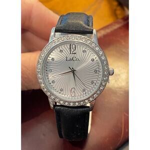 Women's 35mm silver Tone L & Co Watch, Crystal accents, Black Band